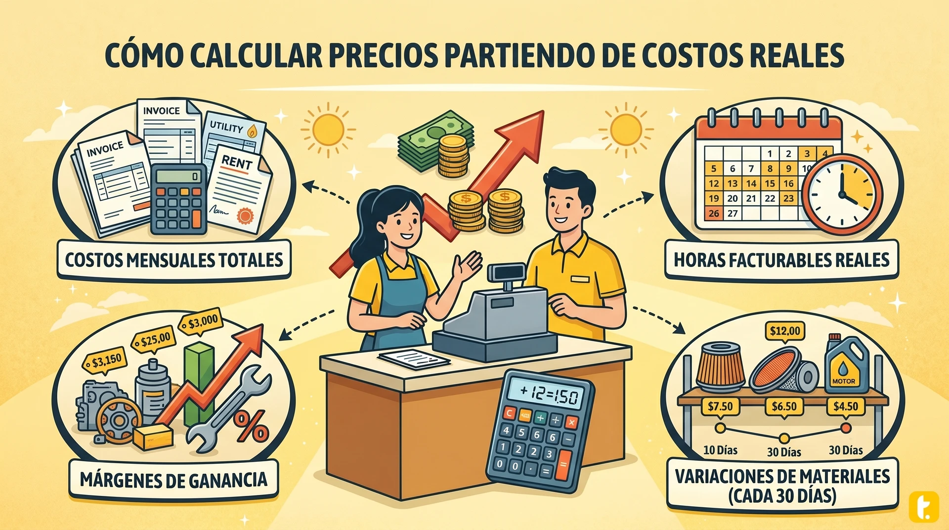 Guía para calcular tarifas basadas en costos reales, ajustando por complejidad y variaciones mensuales de materiales.