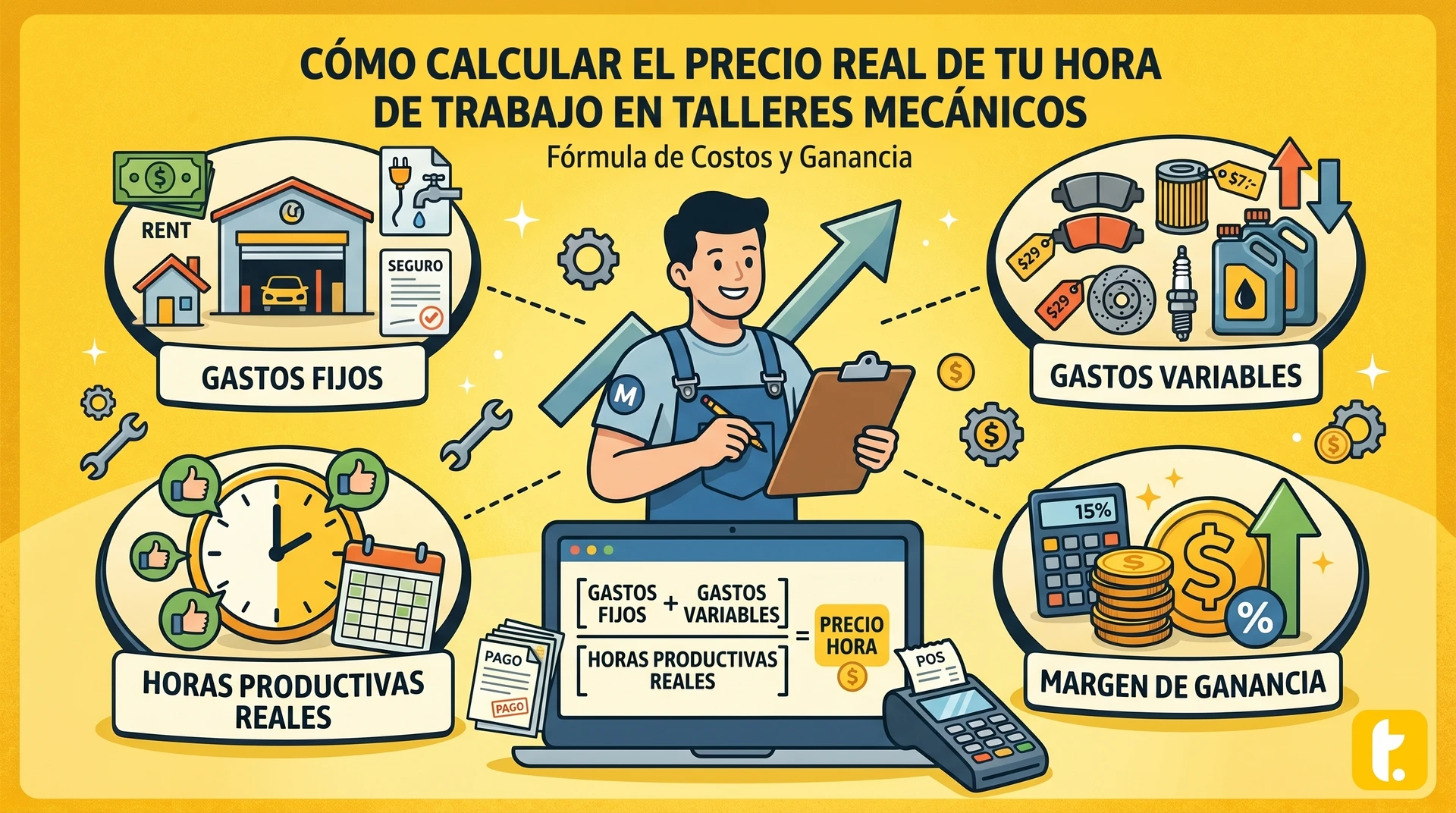 Calcula el precio real de tu hora de trabajo en talleres mecánicos sumando gastos y horas productivas.