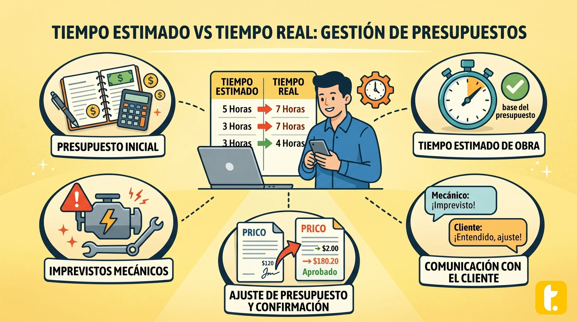 Gráfico comparativo entre tiempo estimado y tiempo real para proyectos de reparación automotriz.