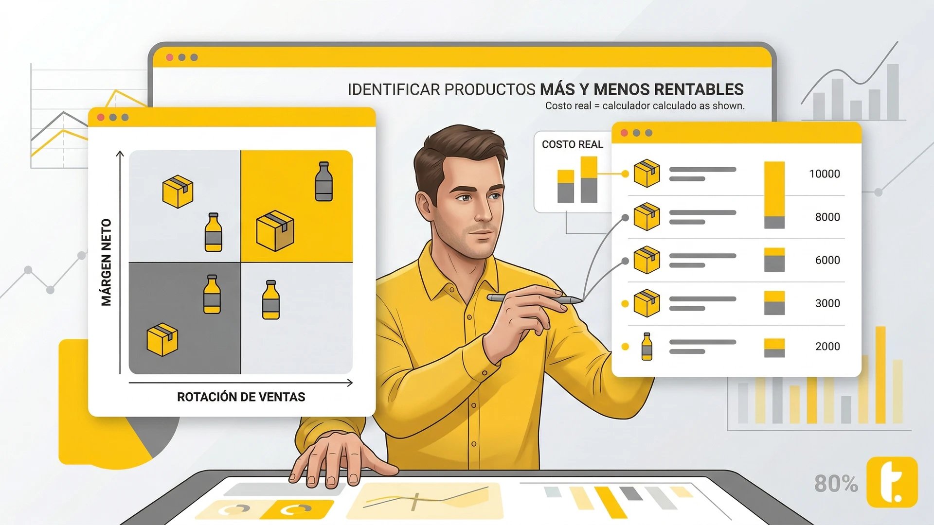 Gráfico que ilustra cómo identificar productos más y menos rentables en una tienda online, enfatizando márgenes y rotación.