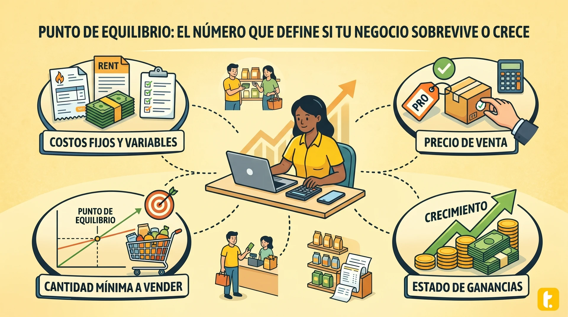 Gráfico que ilustra el punto de equilibrio en negocios, mostrando ventas, costos fijos y márgenes de ganancia.