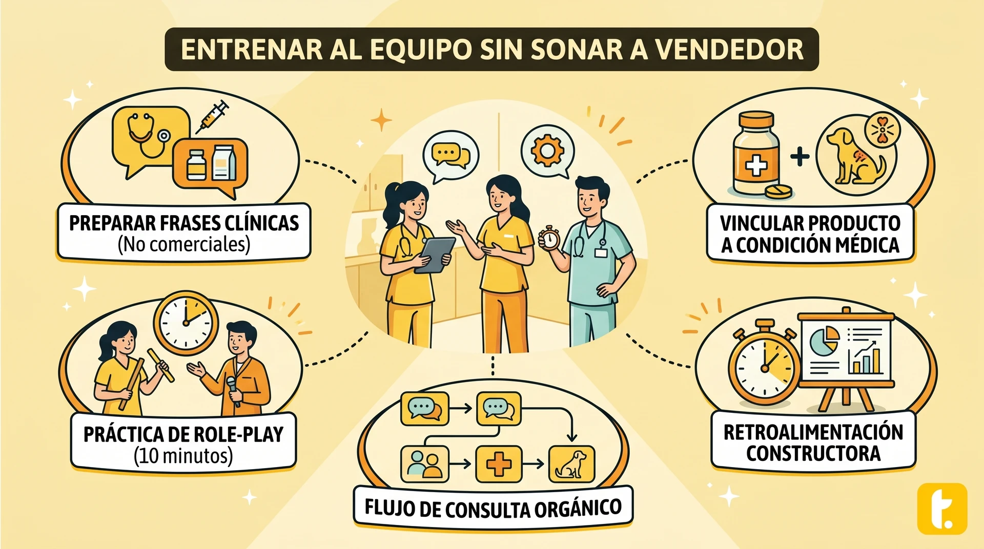 Entrenar al equipo en recomendaciones efectivas para productos vinculados a condiciones clínicas es fundamental. Practica estas recomendaciones en un role-play breve para dar confianza y asegurar un flujo de consulta correcto.