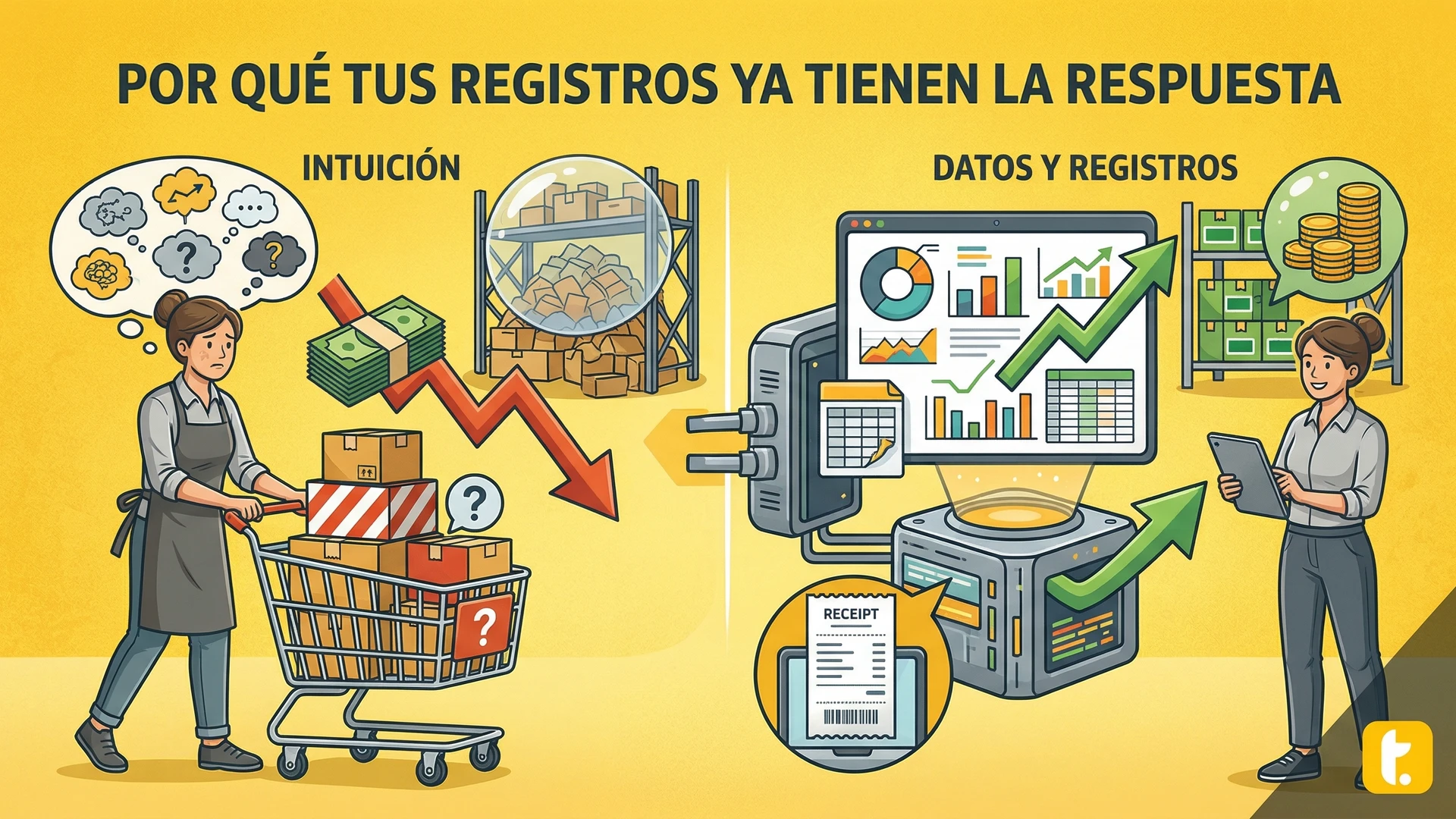 Dueño de negocio enfrentando decisiones de compra, balanceando inventario y riesgo financiero en su tienda.